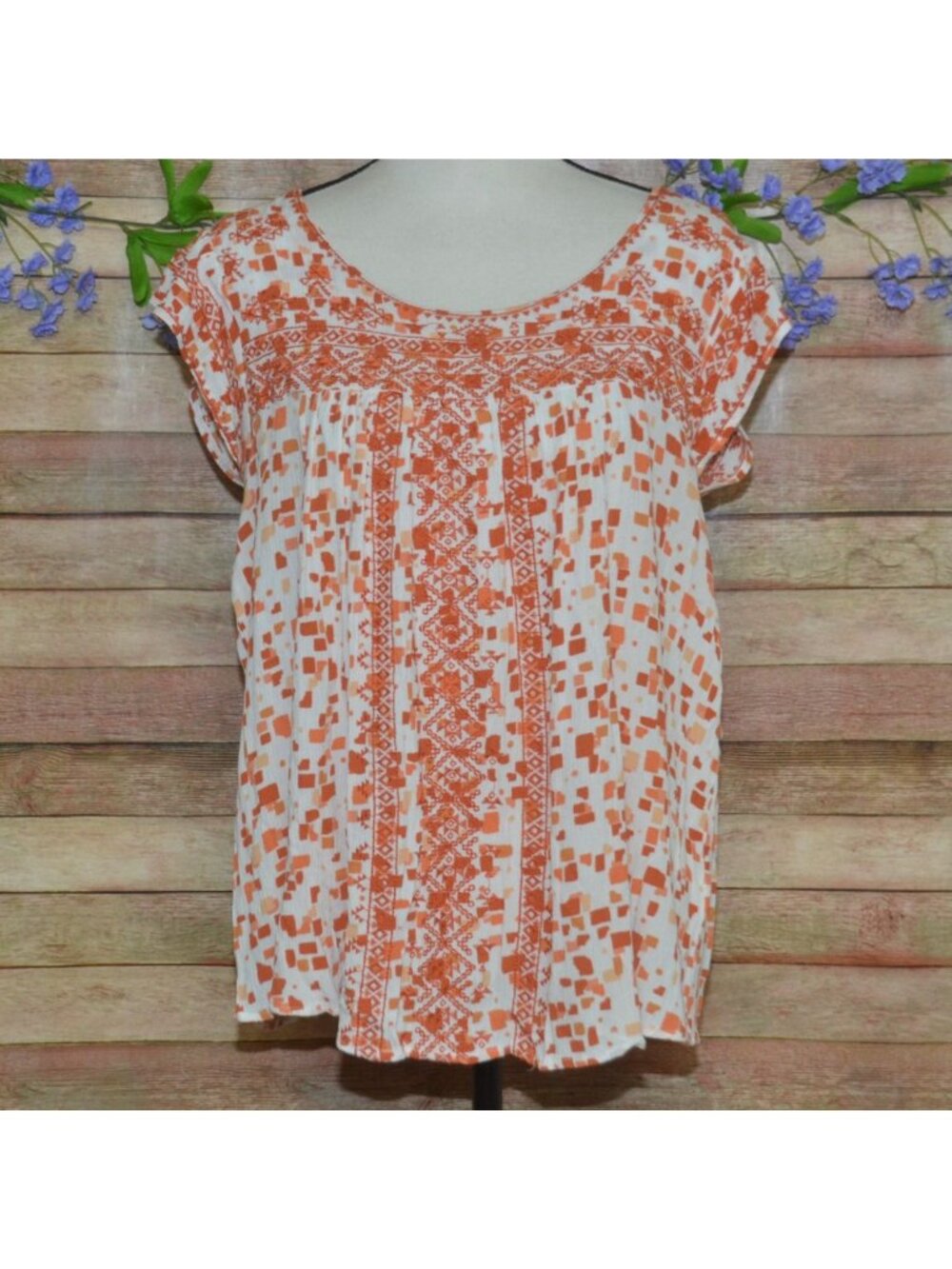 Boho Savanna Jane Size 2X Babydoll Top Cap Sleeve Orange & Terracotta Geo Print
